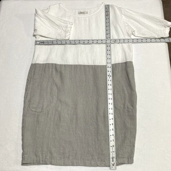 Magic Linen Women's Adria Color Block Linen 3/4 Sleeve Dress Size M White Gray - Picture 8 of 9